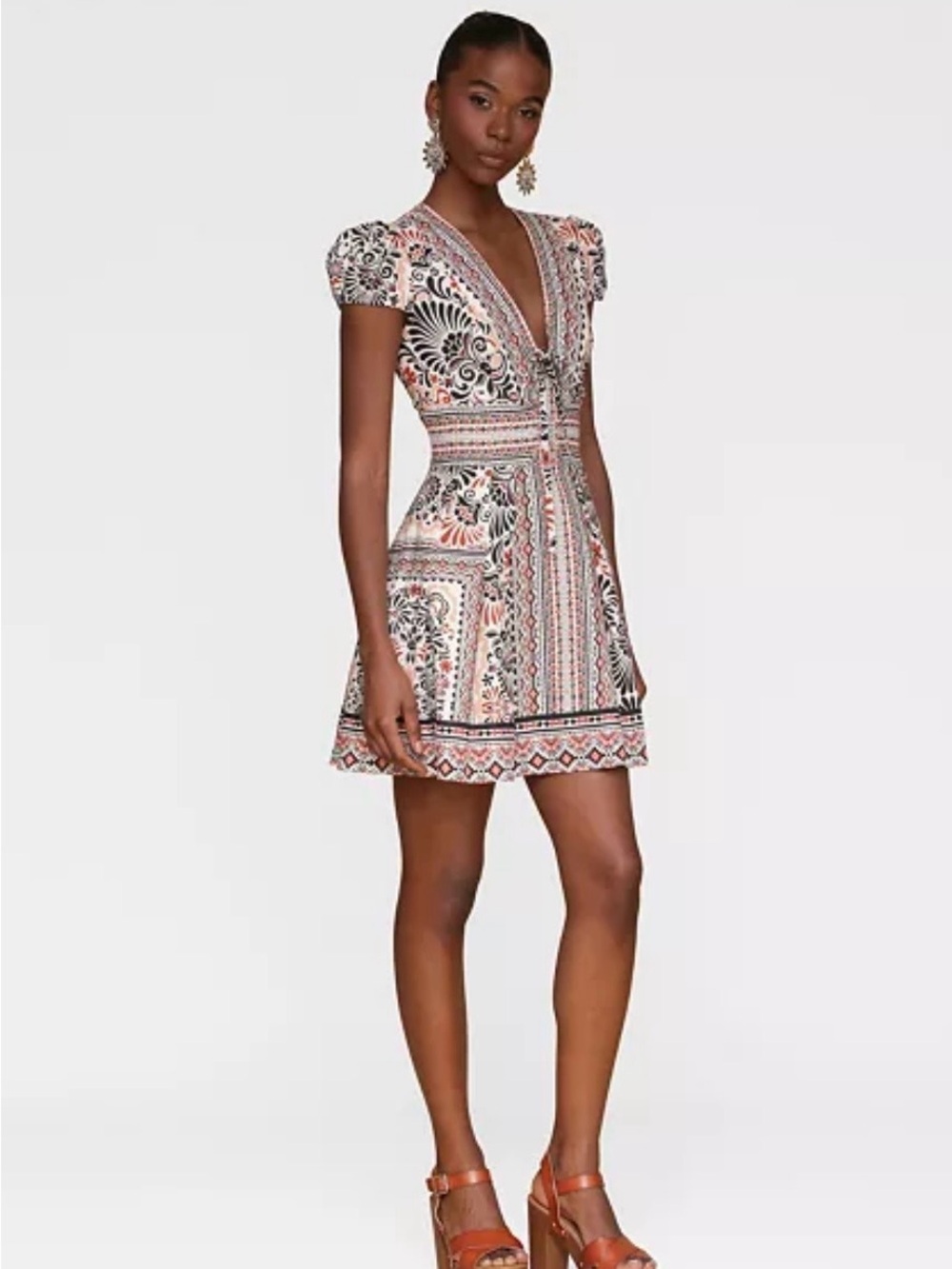 Avec Les Filles Fit & Flare Casablanca Print Puff Sleeve Dress NWT Sz 8 Ret $159